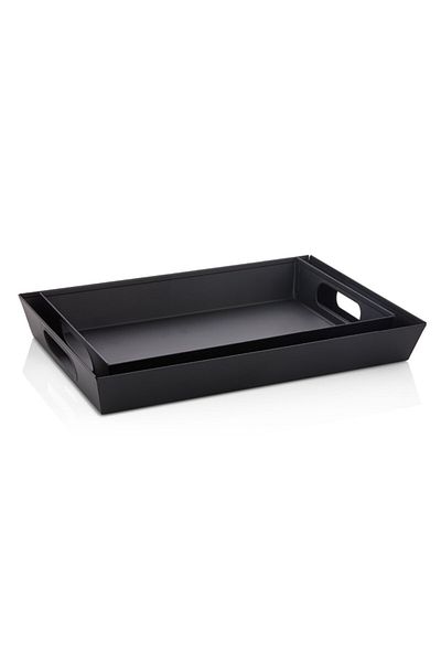 LUCKYHOMES Set of 2 Black Rectangular Handled Trays