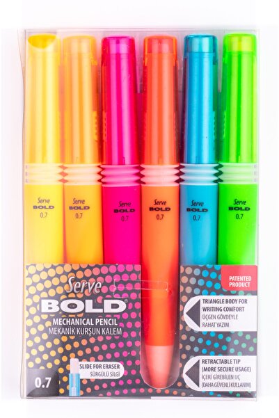 Serve Bold Mekanik Kurşun Kalem - Fosforlu Renkler - 6lı Set