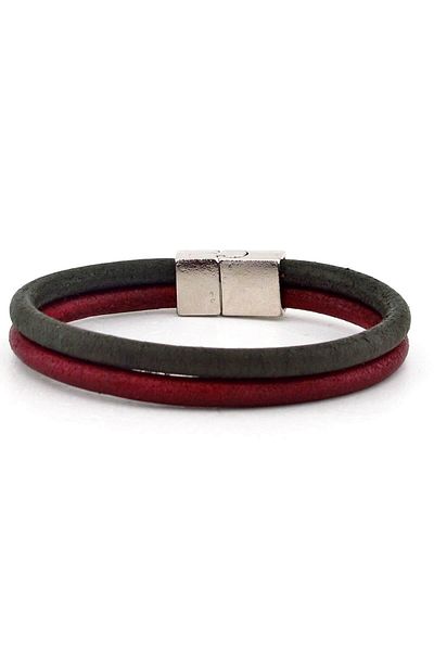 Solfera Men's Double Row Claret Red Khaki Leather Bracelet Bt207