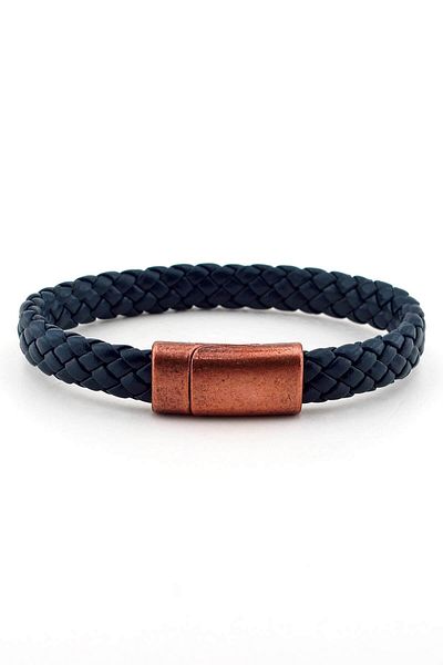 Solfera Men's Bronze Metal Magnetized Navy Blue Leather Bracelet BT340