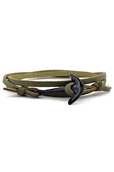 Solfera Men's Black Metal Anchor Original Khaki Green Leather Bracelet BT450