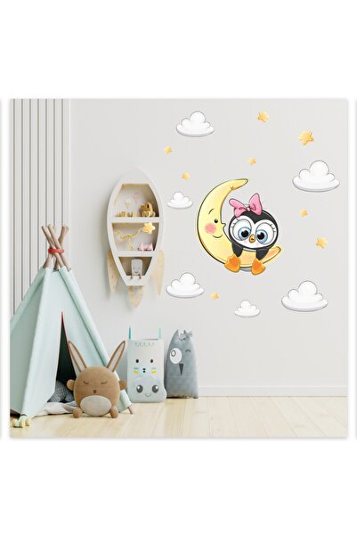 Sticker Sepetim Beba pingvin drži mesečeve oblake i zvezde, dekorativna zidna...
