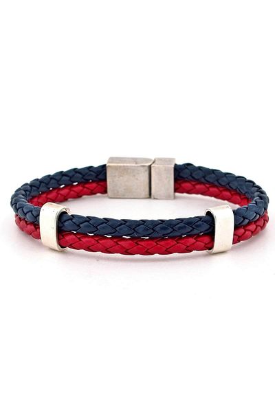 Solfera Men's Red Navy Blue Leather Double Row Bracelet Bt527