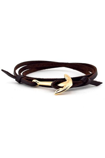 Solfera Men's Yellow Anchor Original Brown Leather Wrap Bracelet BT449