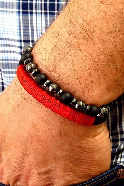 Solfera Men's Hematite Onyx Natural Stone and Leather Bracelet Bk009