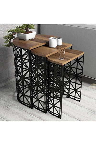 Variant Mobilya Stil Metal Ferforje 3Lü Zigon Sehpa - Ceviz