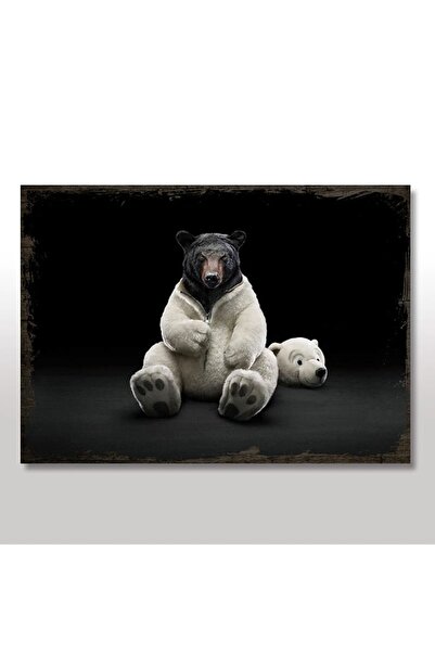 Cakatablo 35cmX50cm Ahşap Tablo Beyaz Ayı Kostümlü Boz Ayı Görseli