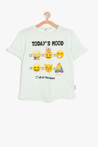Koton Green Girl's Emoji Text Printed T-Shirt
