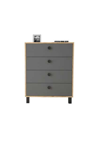 Yurudesign Vilamo Şifonyer Ahşap Ayak, 4Çekmece, Çam-Antrasit-Siyah Vl80-228