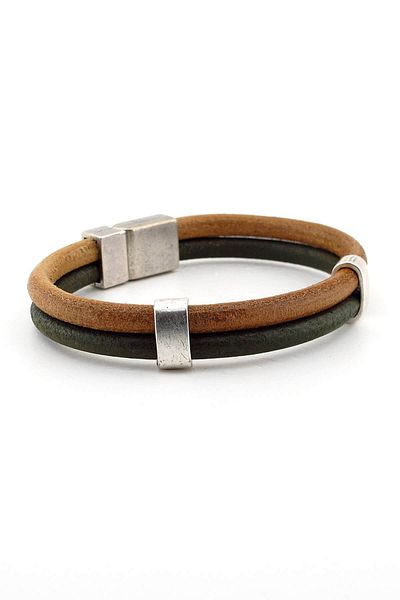 Solfera Men's Khaki Green and Tan Double Row Genuine Leather Bracelet BT335