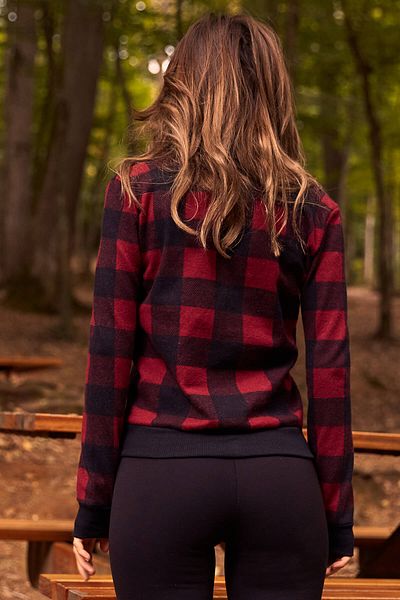 XHAN Damen-Bomberjacke mit Karomuster in Weinrot 9yxk4-41654-05