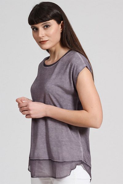 Seamoda Women's Hem Chiffon Oil Washed T-Shirt-Light Purple PRA-236849-326973