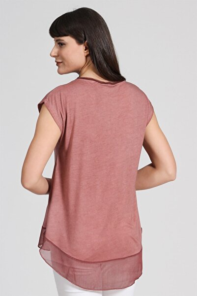 Seamoda Women's Hem Chiffon Oil Washed Tshirt-Light Tile PRA-236849-326973