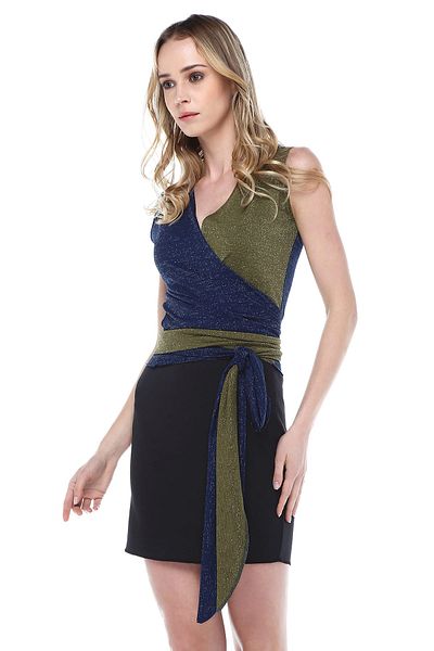 Quincey Women's Green Navy Blue Light Glitter Wrap Blouse BDT2482