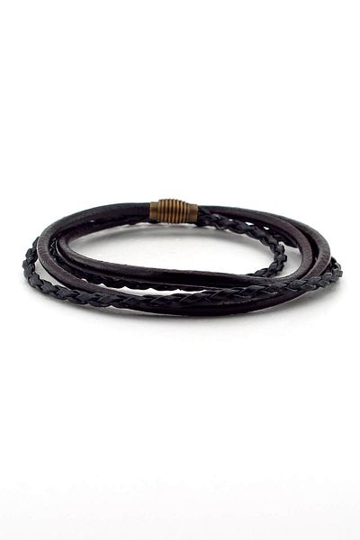 Solfera Men's Two Sira Wrap Brown Black Real Leather Bracelet BT353