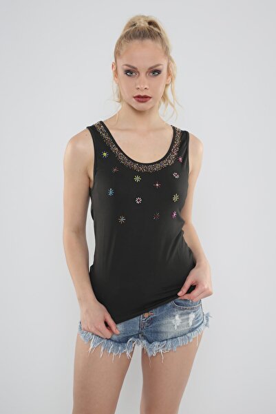 Hanna's by Hanna Darsa Kadın Haki Ön Beden Boncuk Işlemeli Atlet