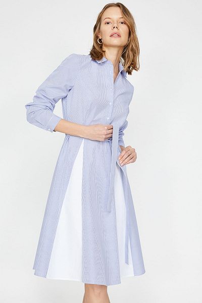 Koton Women's Blue Classic Collar Long Sleeve Tie Waist Midi Dress 9YAK86249IW