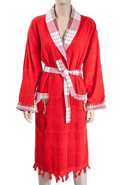 Bedinn Peshtemal Towel Bathrobe Kimono Collar Plaid Red