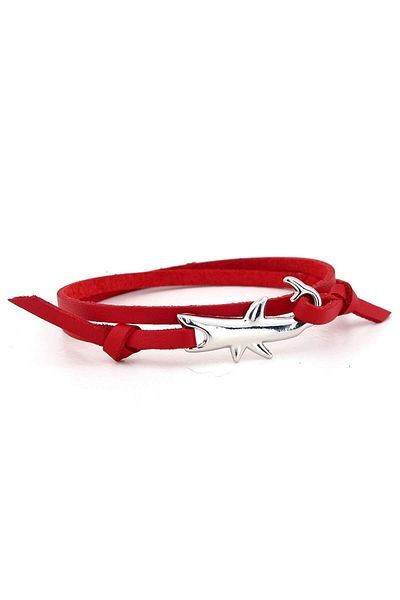 Solfera Men's Metal Shark Red Genuine Leather Bracelet BT553