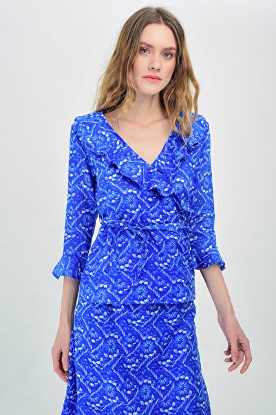 Hanna's by Hanna Darsa Kadın Mavi Uzun Kollu Kruvaze Volan Detaylı Dokuma Blu...