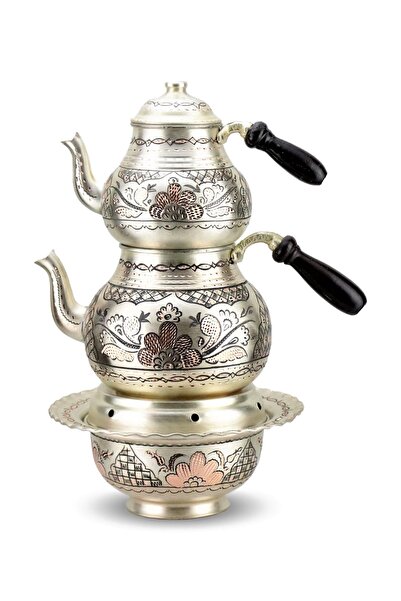 Sonay Bakırcılık Gül Çiçek Gümüşlü Bakır Çaydanlık ve Osmanlı Ocağı