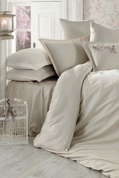 Dantela Pamuk Saten Çift Kişilik Nevresim Takımı Butterfly Bej Dstn34