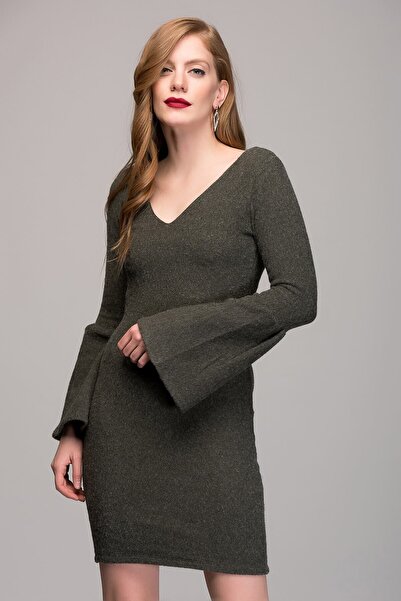 Womenice Kadın Yeşil İspanyol Kol Kırçıllı Elbise W7372S01