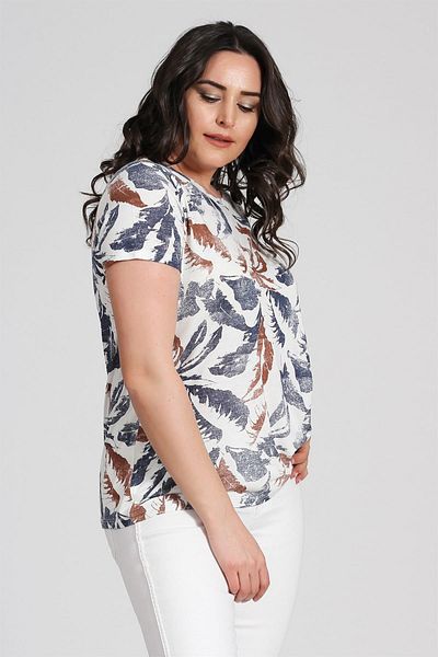 Seamoda Women's Colorful Leaf Pattern Basic T-Shirt-Ecru-Bb PRA-236783-002356