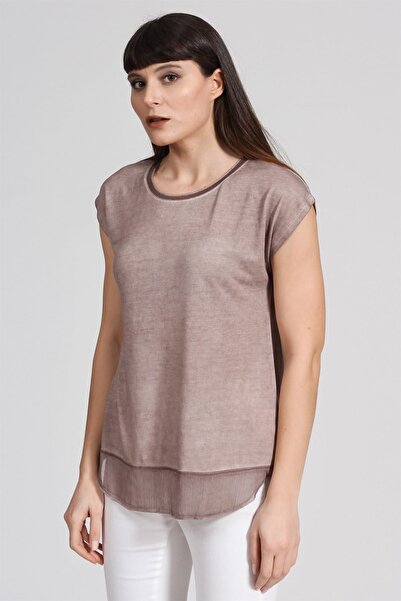 Seamoda Ανοιχτό καφέ γυναικείο μπλουζάκι - σιφόν λάδι που πλένεται, με την άκρη της φούστας PRA-236849-326973