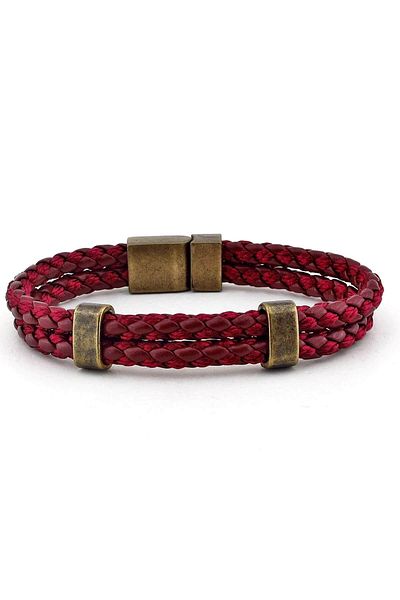 Solfera Men's Double Row Claret Red Knitted Leather Bracelet BT272