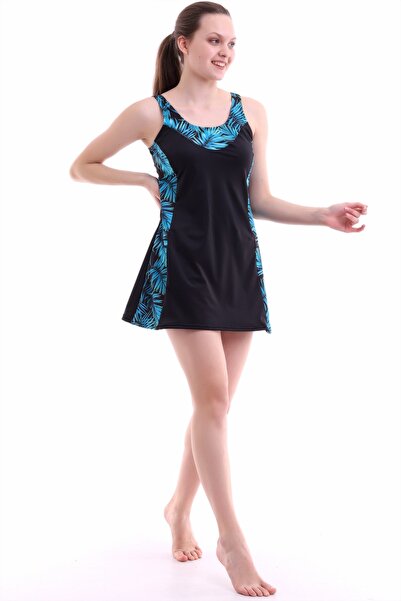 Aykum Mayo Women's Black Turquoise Patterned Swimsuit with Shorts and Skirt