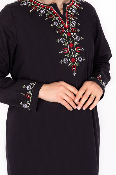 Kardelen Butik Ümraniye Women's Front Embroidered Long Sleeve Şilebezi Black Dress