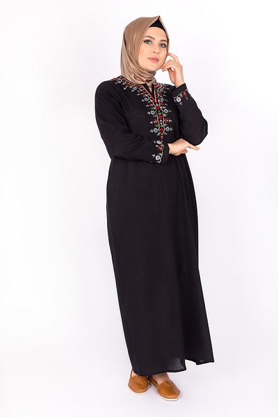 Kardelen Butik Ümraniye Women's Front Embroidered Long Sleeve Şilebezi Black Dress