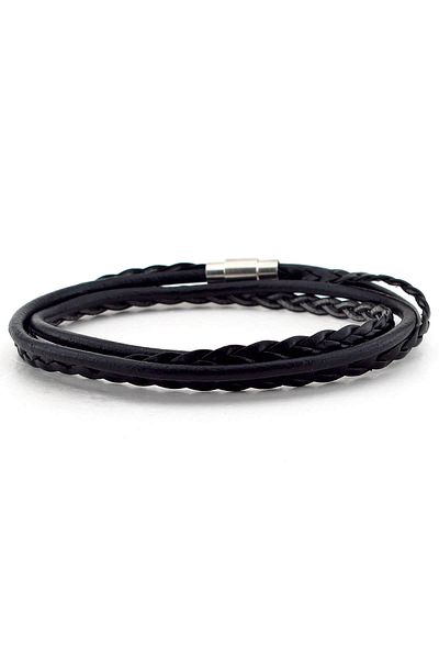 Solfera Men's Silver Color Clip-on Two Sira Wrap Black Leather Bracelet Bt499