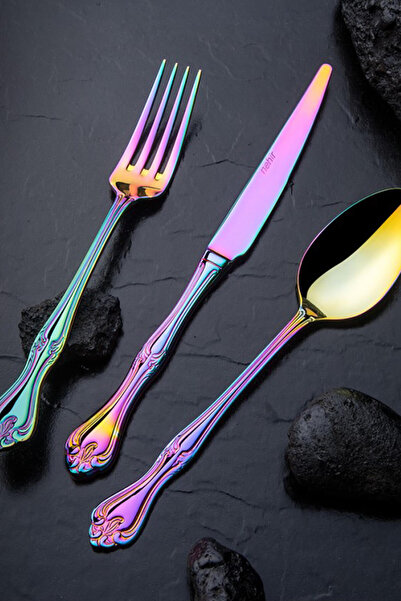 Nehir Lalezar Titanium Gökkuşağı 84 Parça Deri Kutulu Çatal, Bıçak Kaşık Seti...