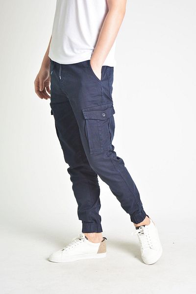 Luppo Club Men's Navy Blue Cargo Pocket Elastic Waist and Leg Jogger Pants