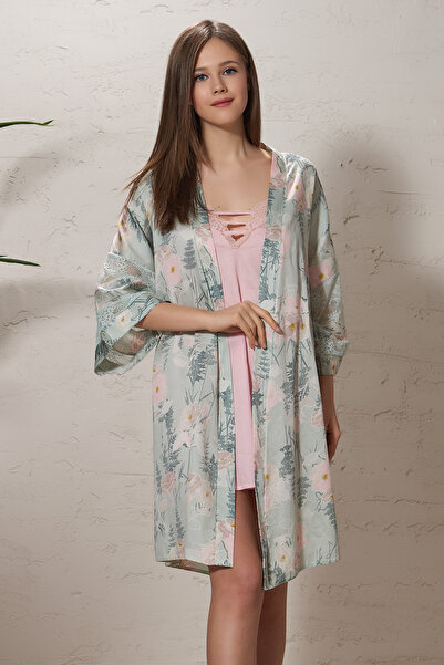 Sevim Kadın Yavru Ağzı Dantelli Sabahlık Tunik Takım