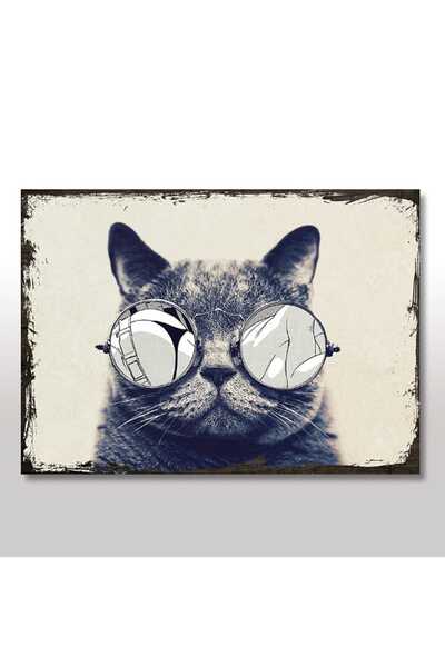 Cakatablo 50cmX70cm Ahşap Tablo Aynalı Fantastik Kedi Gözlüğü Görseli