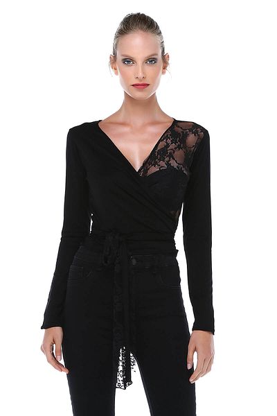Quincey Women's Black Lace Wrap Blouse BD2409
