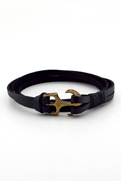 Solfera Men's Double Wrap Bronze Anchor Black Leather Bracelet Bt372