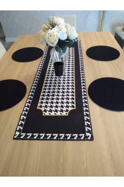 Ayşemce Amerikan Servis Takım, Siyah-beyaz Kaz Ayağı Pano Desen Runner, 4 Siy...