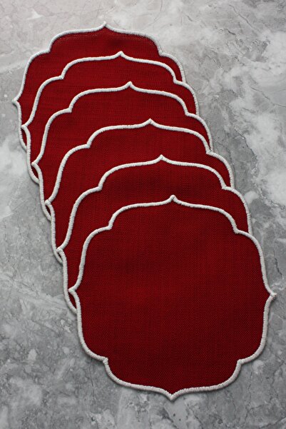 WEARE2 Șervețele de cocktail, culoare burgundă, albe, brodate, pachet de 6