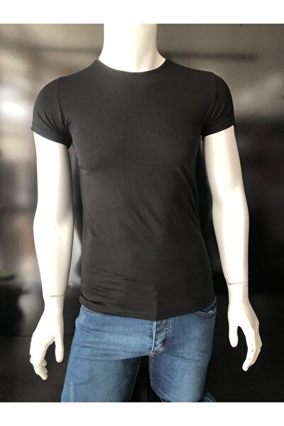 FİX BUTİK Ανδρικό μπλουζάκι μαύρο Slim Fit Basic Crew Neck Full Lycra