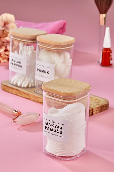 FBZhome 3 τεμαχίων Mica Ear Cotton Βαμβακερό μακιγιάζ Βαμβακερό Organizer με Ξύλινη βάση 250 ml Κουτί αποθήκευσης