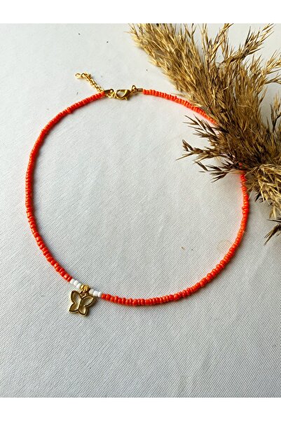 Atölye Merdiven Turuncu Kelebek Kolye Minimal Şık Boncuk Kolye