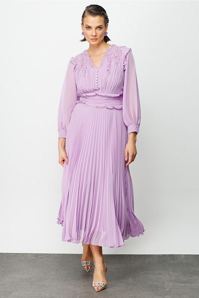 Nefeli Special Stone Embroidered Pleated Dress
