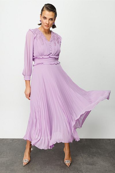 Nefeli Special Stone Embroidered Pleated Dress