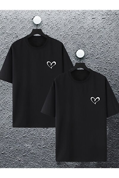 Jobia Outdoors Women's Men's Heart Chest Print Lover Couple Combination Design Oversize T-shirt Set of 2
