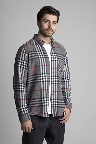 alenmeza Ανδρικό πουκάμισο μοντέρνας εφαρμογής σε γκρι καρό χρώμα με τσέπες