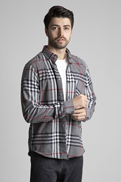 alenmeza Ανδρικό πουκάμισο μοντέρνας εφαρμογής σε γκρι καρό χρώμα με τσέπες